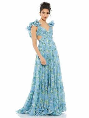 NWT Mac Duggal Blue Ruffle Tiered Floral Cut-Out Chiffon Gown reg $398 size 6